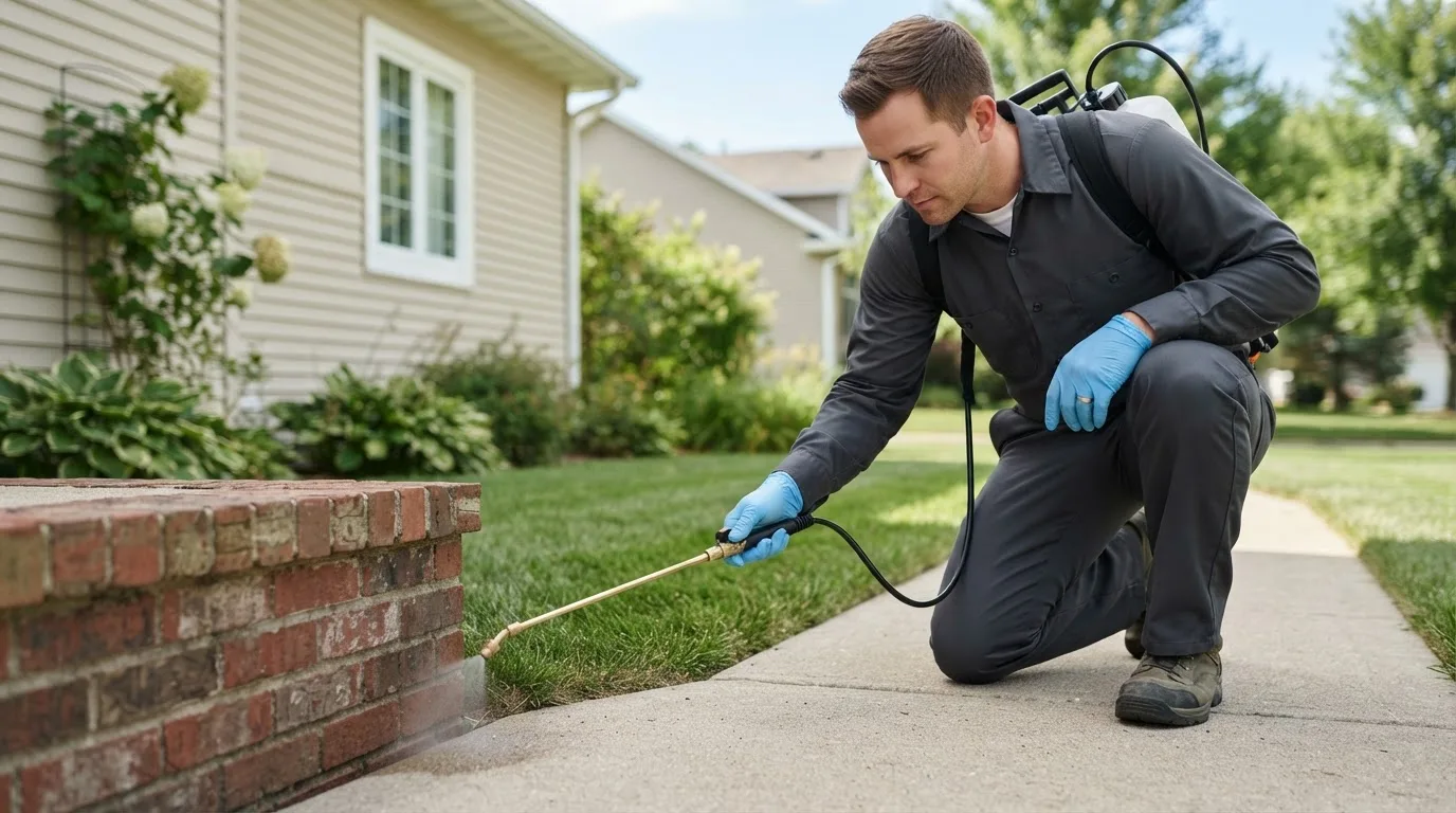 Pest control technician treating a home near West Tisbury, MA